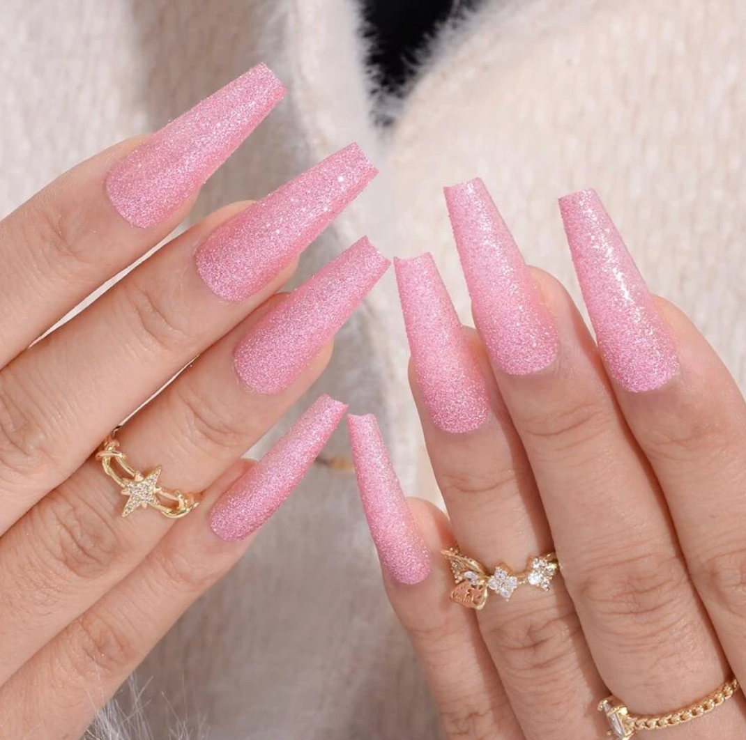 Pink Glitter  Long Solid Pink Glitter Nails